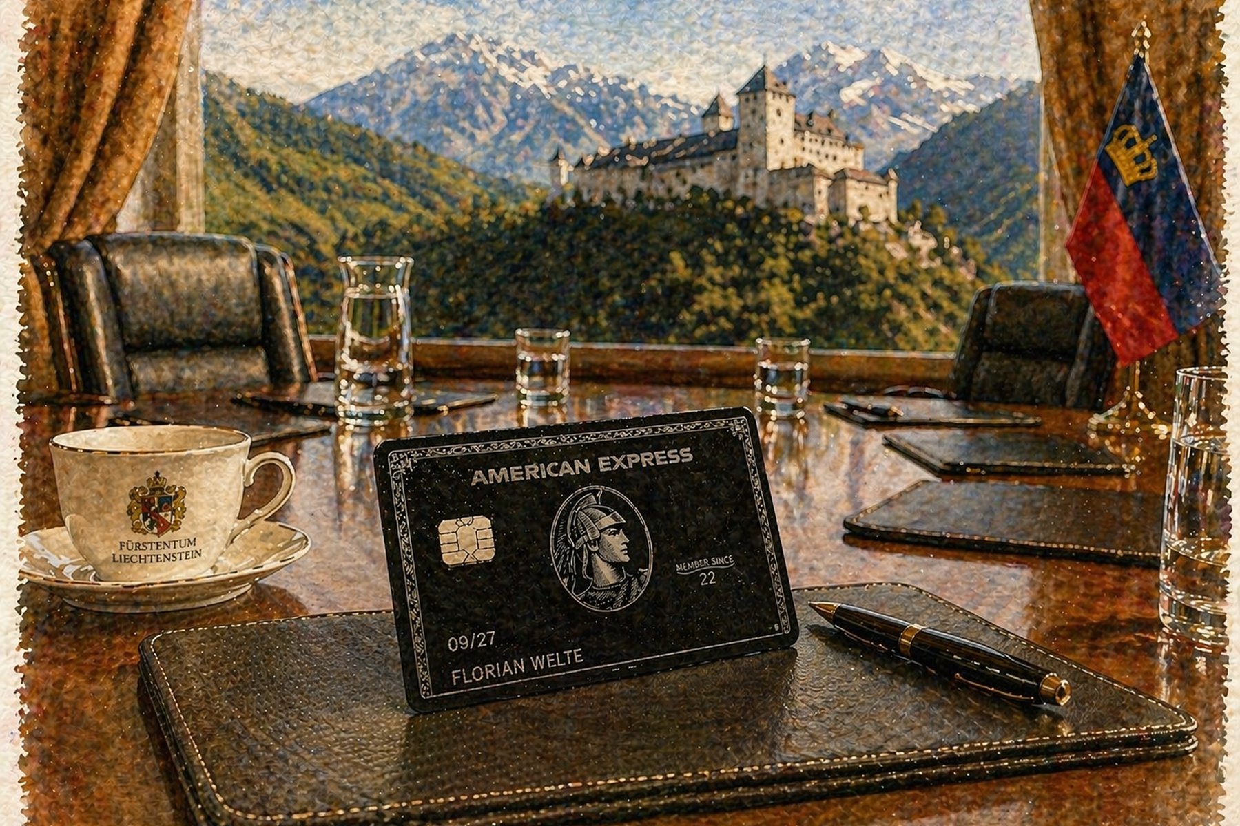 Aquarell eines Schreibtischs mit Blick auf Schloss Vaduz; schwarze Centurion-Karte, F&uuml;ller, Notizbuch.